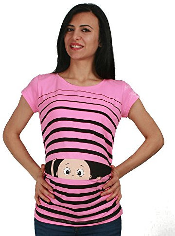 M.M.C. Vêtement de maternité Mignon et Rigolo avec de Motifs de bébé Qui Regarde Humour Haut Femme, à Manches Courtes (Rose, X-Large)