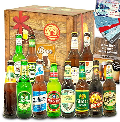 Monatsgeschenke Biergeschenk Set - 12x Biersorten aus aller Welt und D | Internationales Bier-Probierpaket mit Bierbuch, Urkunden & Geschenkkarten – geschenkfertig verpackt