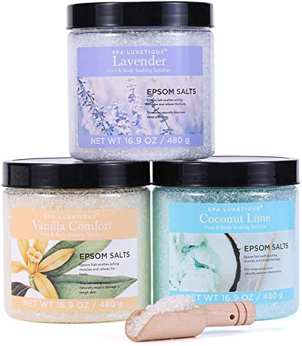 Badesalz Geschenkset SPA LUXETIQUE Epsom Salz Badezusatz Badesalz 3 ätherischen Ölen zur Basenbad, Fußbad, Badekristalle für Frauen- 3er Pack à 480g Geschenke zu Weihnachten, Muttertagsgeschenk