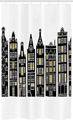 ABAKUHAUS Stadt Alte Häuser Schmaler Duschvorhang, Amsterdam Artwork, Badezimmer Deko Set aus Stoff mit Haken, 120 x 180 cm, Black Earth Gelb und Weiß