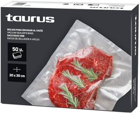 Taurus 999261000 - Pack de bolsas para envasar al vacío 20x30 cm, 50 unidades, Sous-vide, para la conservación de alimentos