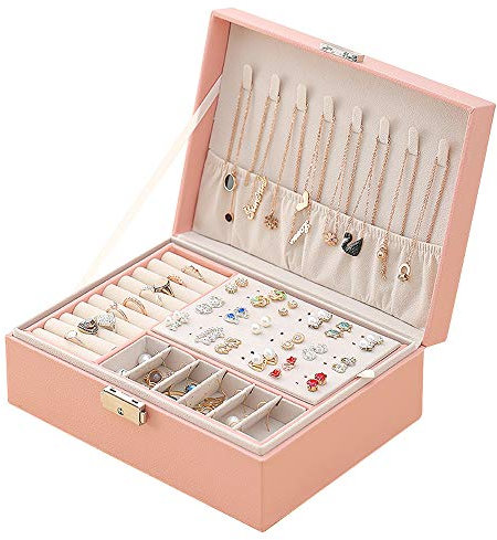 Schmuckkästchen, Schmuck Organizer für Frauen,Schmuckkästchen Damen PU-Leder Schmuckaufbewahrung, Zwei Schicht Schmuck Aufbewahrung Koffer, für Ohrringe Armbänder Ringe Uhren (pink)