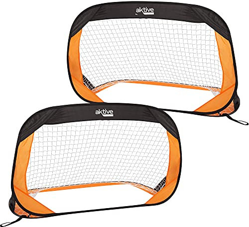 Aktive 54120 - Set di 2 porte da calcio pieghevoli, porta da calcio per bambini / Dimensioni 120x80x80 cm, montaggio facile, nero e arancione / Porta da calcio portatile, giochi da esterno per bambini