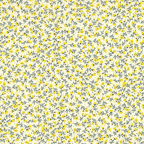100% Cotton Poplin Fabric Rose & Hubble Oh Sew Peony Roses Flowers Floral - Lemon (Price Per Metre)