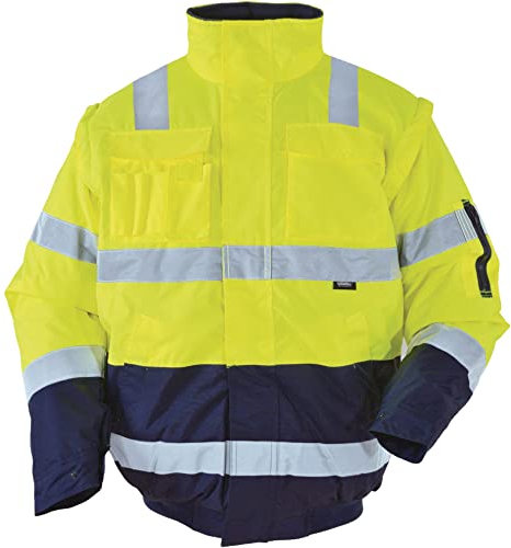 Vizwell Warnschutz Pilotenjacke 2 in 1 Arbeitsjacke Warnjacke Warnschutzjacke mit Schulterreflektorstreifen (2XL, leuchtgelb-marine)