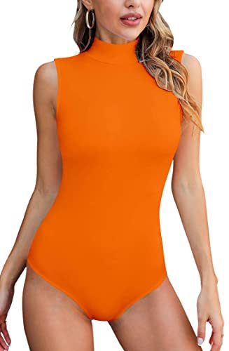 SHEIUGU Damen-Body, ärmellos, langärmelig, mit Rollkragen, weich, schmale Passform, dehnbar, klassischer Jumpsuit, Ärmelloses Orange, S