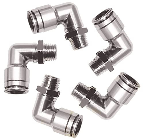 Qolekog Pneumatic Nickel Plated Copper Elbow Air Compressor Fittings Pipe Connector 1/4'' Tube OD to 1/4''MNPT Push to Connect Fitting PL-1/4-N2 (Pack of 5)