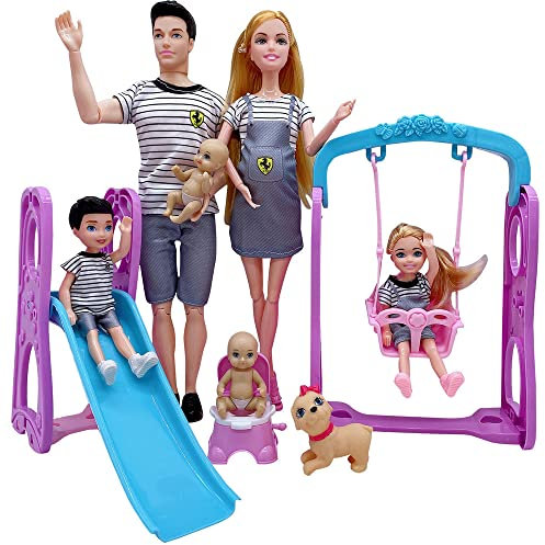 Lot de 6 poupées familiales avec femmes enceintes, maman papa, 3 enfants et bébé garçon dans le ventre de maman, jeux de poupée et accessoires pour enfants de 3 à 12 ans