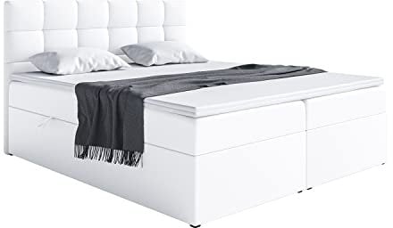 MEBLINI Boxspringbett mit Bettkasten - Gepolstert Doppelbett mit Matratze und Topper - Polsterbett mit Stauraum - Bett mit Kopfteil - Stauraumbett - TAPO 2-120x200 - H3/Weiß Kunstleder