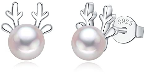 Kamise Silber Weihnachten Ohrringe Damen, 925 Sterling Silber Weihnachts Ohrstecker, Schneeflocke & Weihnachtsmann & Elch Perle & Zirkonia Ohrstecker Silber 925, 10mm Süße Silber Schlafen Ohrstecker