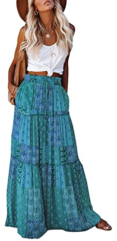 EARKOHA Damen-Maxirock im Boho-Stil 2026, lässig, hohe Taille, fließender Langer Rock mit Taschen, für Strandurlaub, Grün, XX-Large