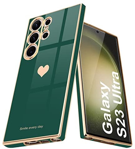 Teageo for Samsung S23 Ultra Case Cute Heart Pattern for Women Girls Slim Luxury Bling Plating Soft TPU Anti-Scratch Shockproof Bumper Phone Case for Samsung Galaxy S23 Ultra 5G, Darkish Green