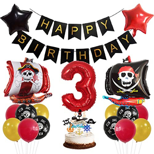 Houhounb Pirate 3. Geburtstag Deko Pirate Deko 3 Jahre Kindergeburtstag Party Deko Kinder Pirate Luftballon Tortendeko für Thema Pirate Kindergeburtstag Halloween Party
