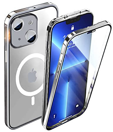 iPhone 14 Schutzhülle Transparent Gehärtetes Glas Case Original Metall Stoßfänger 360 Grad Schutz Cover mit Sperren Schnalle - Silber