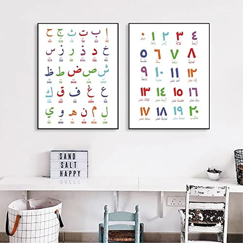 BROLEO Arabische islamische Wandkunst Leinwandgemälde arabisches Alphabet alphanumerisches Poster Druck Kinderzimmer Kinderzimmer Wandkunst Dekoration ohne Rahmen