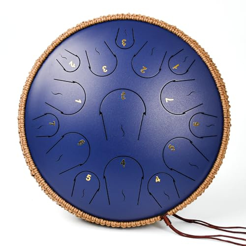 Steel Tongue Drum - 14 Zoll 15 Noten Zungentrommel - Hand Pan Drum mit Notenbuch, Handpan Musikinstrument Schlägel und Tragetasche, C-Dur, Deep Blue