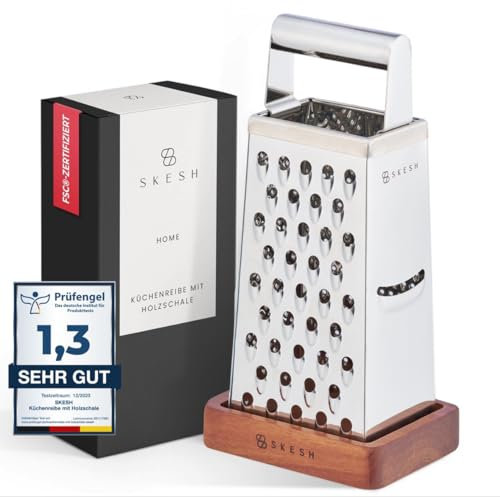 SKESH® Premium Reibe (24,5x10,5cm) - Küchenreibe mit Schale aus echtem Holz - Messerscharfe Gemüsereibe aus Edelstahl - Spülmaschinenfeste Käsereibe mit Behälter