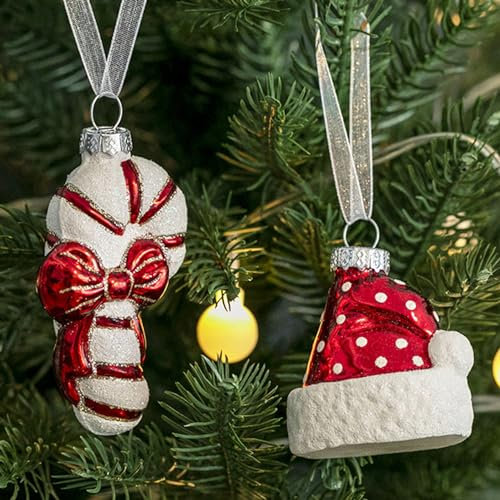 Amanman Glas-Weihnachtsschmuck 2023 - 2 Stück Weihnachtsmütze und Zuckerstange, Mundgeblasenes und Handbemaltes Set