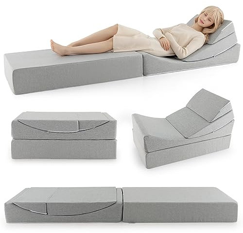 COSTWAY 4-in-1 Schlafsofa, Boden-Futon-Schlafsessel mit hochdichtem Schwamm, abnehmbarem und waschbarem Leinenstoffbezug, Faltbare Schlafcouch für Wohnzimmer, Gästebenutzung und Autoreise