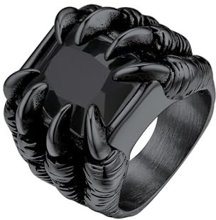 Bestyle Edelstahl Herren Ring mit Stein Schwarz Gothic Biker Bandring Dragon Claw Retro Ring Synthetischer Achat Männlicher Ring Schmuck Siegelring, Schwarz, Ringgröße 62