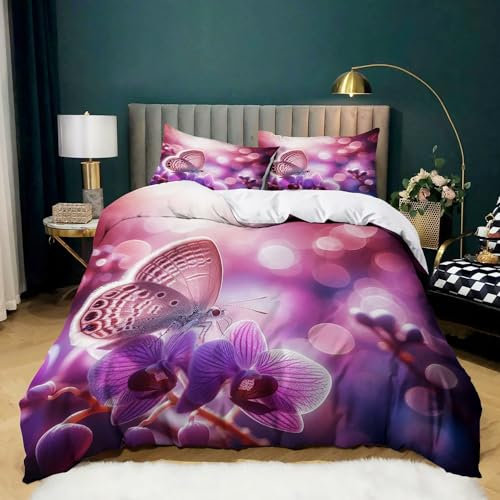 BanbE Bettwäsche Phalaenopsis-Orchidee Lila 220x240 cm 3D Drucken Bettbezug Set Mikrofaser Bettwäsche Set für Kinder Teens Bettwäsche mit 2 Kissenbezüge 80x80 cm
