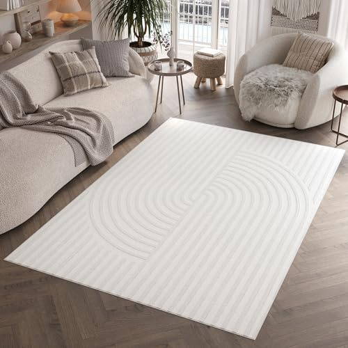 TAPISO Hygge Teppich Kurzflor Creme Weiß Streifen Halbkreis 3D Teppich Wohnzimmer Schlafzimmer ÖKOTEX 200 x 300 cm