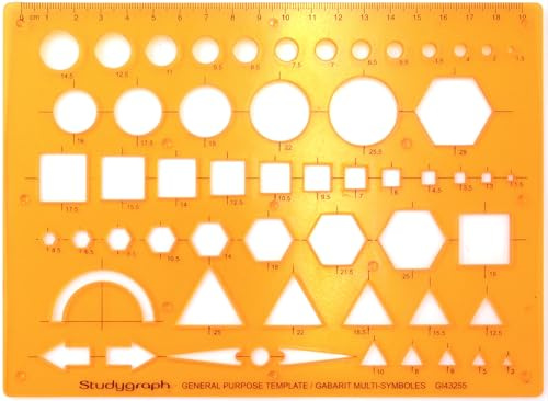 Studygraph by Graph'It Normograph für technisches Zeichnen, Karten und Diagramme, robuster Kunststoff, stoßfest, Formenspuren, 55 geometrische Formen in verschiedenen Größen
