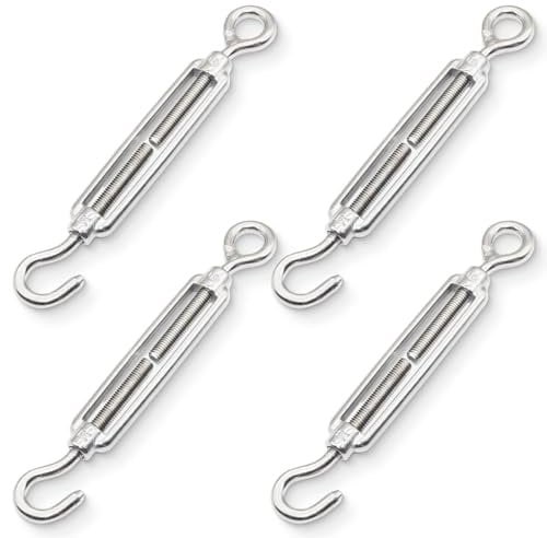 Tiranti per Filo Acciaio Inox - 4 Pezzi di Set Tenditori per Cavi ad Occhiello - Tenditore Filo con Gancio in Acciaio M4 - Tirante Corda Acciaio per Ganci Stendibiancheria