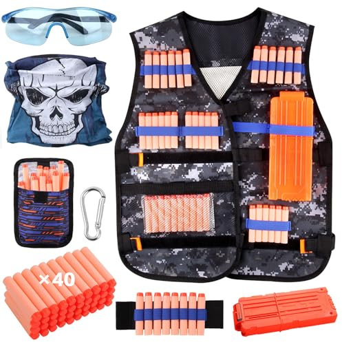 EXTSUD Gilet Tactique Enfants pour Nerf N-Strike Elite Series avec 40 Fléchette, Chargeur Fléchette, Masque Facial Tactique, Bande Poignet et Lunettes de Protection