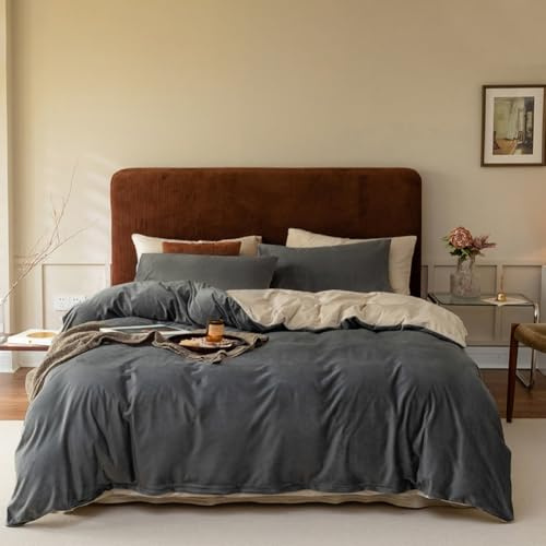 Covebett Winter Flanell Bettwäsche 200x220 Grau Beige Plüsch Cashmere Touch Wende Winterbettwäsche 3teilig, Warme Flauschig Coral Fleece Bettbezug mit Reißverschluss und 2 Kissenbezüge 80x80