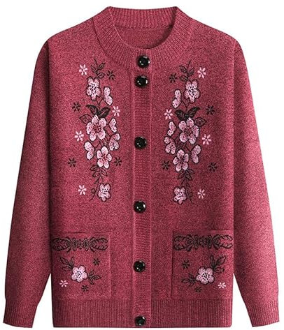 KIJSKKOPO Cardigan Femme,Pull Cardigan Tricoté pour Personnes Âgées, Col Ras du Cou Marron, Bouton Floral, Pull en Tricot Jacquard, Hauts Courts, Manteau D'Extérieur en Tricot Léger Et Chaud po