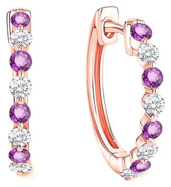 Round Cut Amethyst & White Diamond Hoop Earrings For Women, 14K Rose Gold Finish February Birthstone Amethyst Hoop & Huggies Earrings