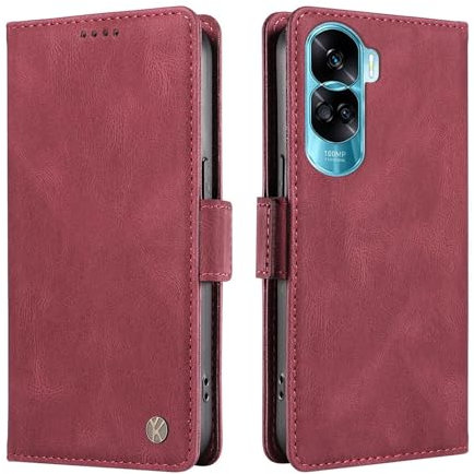 ILING Coque pour Honor 90 Lite 5G, Premium PU Étui Portefeuille en Cuir, avec RFID Blocage/Fentes pour Cartes/Béquille, Très Mince Antichoc Flip Case Housse (Vin Rouge)