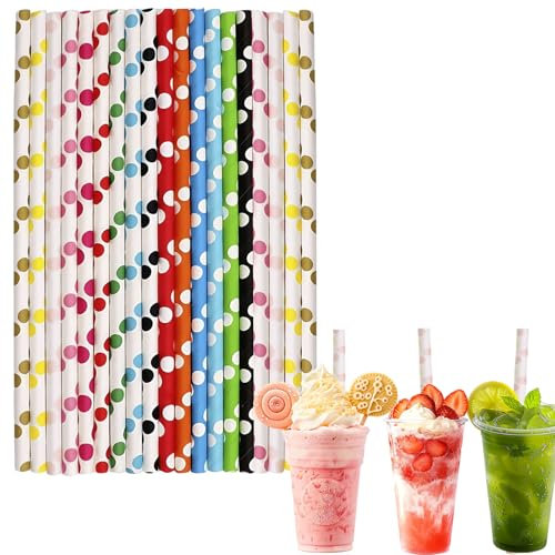 Strohhalme Papier Punkte, Papierstrohhalme Einweg 100 stück, Trinkhalme Biologisch Abbaubare Cocktail Strohhalme 20cm Drinking Straws für Geburtstag,Hochzeit,Weihnachten,Babyparty,Feier und Party