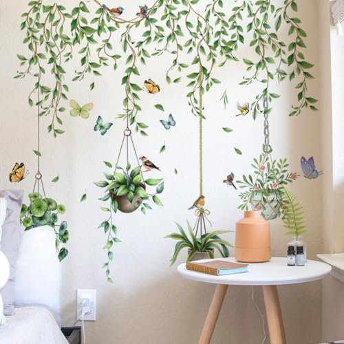 WandSticker4U®- Wandtattoo PFLANZEN hängend grün (84x90 cm) I Wandsticker Pflanzen groß Hängepflanzen Blumentopf Blätter Natur I Wanddeko Wohnzimmer Schlafzimmer Badezimmer Küche Flur XXL