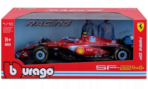 Bburago - Ferrari SF24 F1 Miami 2024#Sainz mit Helm – Miniaturauto aus Metall 1/18 – offizielles Modell Ferrari Formel 1 Saison 2024 – Sehr realistische Details – Ferrari Collector Edition