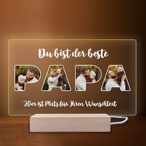 INDIGOS UG - LED Lampe personalisiert - Papa - Du bist der beste - Bild mit Wunschtext - Wunschname - personalisiertes Nachtlicht - Geschenk, Geburtstag, Weihnachten - optionale Lampe warmweiß