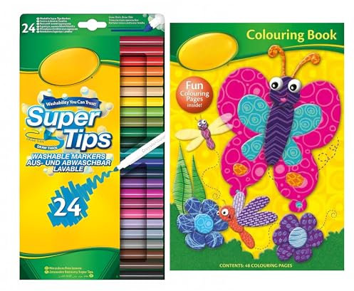 Lavarion Crayola Colouring Set – Crayola SuperTips Washable Markers (24 Pack) Bundled with Colouring Book – Felt Tip Pens for Kids & Adults, Perfect for Art & Creativity