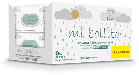 Mi Bollito Babytücher – 99 % reines Aqua – 100 % pflanzliche Fasern – 960 Tücher – 12 Packungen + 4 gratis – helfen, den pH-neutralen pH-Wert der Babyhaut wiederherzustellen – ideal für empfindliche