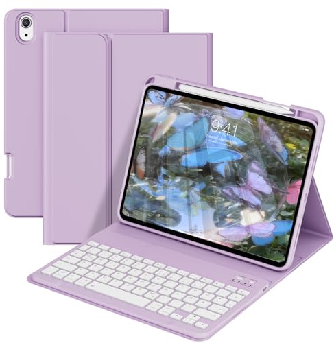 GKABXY Custodia con tastiera iPad A16 11° generazione 11/10,9 pollici 2025/2022, supporto per penna integrato con copertura per supporto pellicola Bluetooth, tasti di accesso rapido, QWERTZ, viola