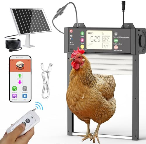 Shinmax Automatische Hühnerklappe Solar App-Steuerung Elektrische Hühnerklappe Automatisch Rolltor mit Fernbedienung,Lichtsensor, Timer und Manuell Hühnertür Automatisch Einklemmschutz Hühnerstall Tür