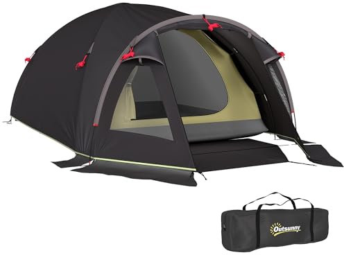 Outsunny Tenda da Campeggio a Tunnel per 2-4 Persone con 2 Stanze, Tenda Campeggio Familiare 4 Posti Impermeabile 3000mm con Porta a Rete, Finestre Laterali e Borsa di Trasporto, 330x190x120 cm, Nero