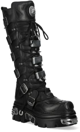 New Rock Stivali gotici M-161-C10 Alti Fino al Ginocchio in Pelle Nera Con Punte