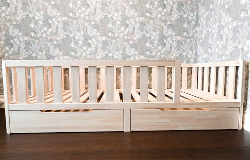 Mandrele - Montessori Bett, Bodenbett mit Lattenrost und Schubladen, Rausfallschutz Bett, Kinderbett, Holzbett mit Bettgestell für Jungen und Mädchen, 160x80cm, Natur Holz