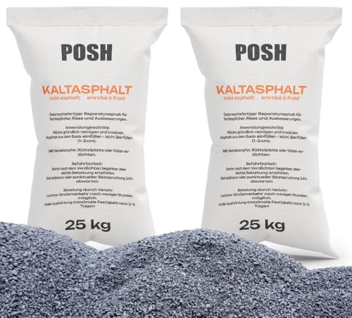 POSH Asfalto freddo, 2 x 25 kg, riempitivo per riparazioni di crepe, pronto all'uso, con una grana di 0-8 mm, vernice bituminosa, universale