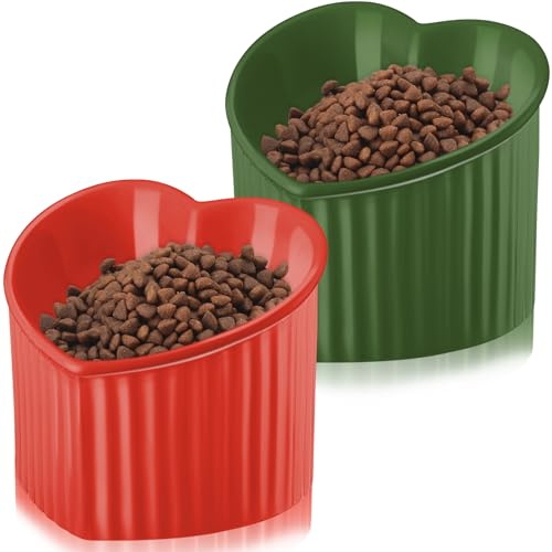 Mumufy Lot de 2 gamelles surélevées en céramique inclinées pour chat - Gamelles surélevées anti-vomissement pour intérieur sans stress - En forme de cœur (rouge, vert)