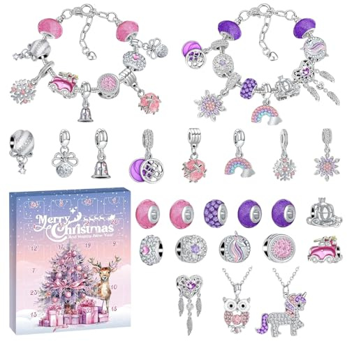 2025 Adventskalender Schmuck, Countdown-Anhänger-Kalender, 24 Tage Weihnachts-Countdown-Kalender, Elch Karikatur Charm Armband Halskette Set, für Mädchen, Kinder, Frauen