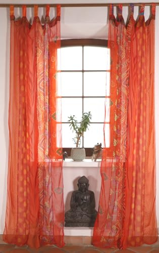 GURU SHOP Vorhang 2 Stück seidige upcycling Gardine aus Patchwork, orange | Lichtdurchlässige Vorhänge aus 100% Polyester, ideal für gemütliche Boho-Atmosphäre, Unikat-Design, kunstvoll verarbeitet