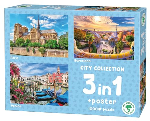 Mr. Broccoli 3 x 1000 Teile Puzzle Städte für Erwachsene | Puzzleset Städtemotive aus Europa: Barcelona, Venedig und Paris mit Posters