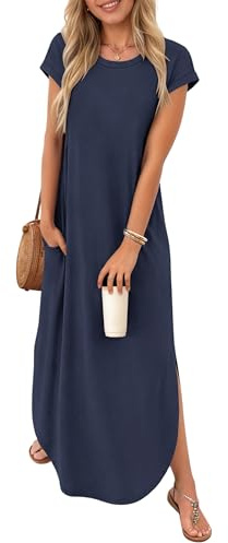 PLOKNRD Summer T-Shirt Maxi Dresses Pockets Women Round Neck Curved Slit | Casual Long Dress UK Short Sleeve Sundress Loose Straight Solid Color Boho Flower Leopard Print